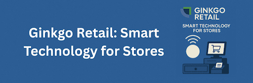 A blue retail-themed illustration featuring a POS system, with the Ginkgo Retail logo placed cleanly at the top, integrating both images into one unified design.